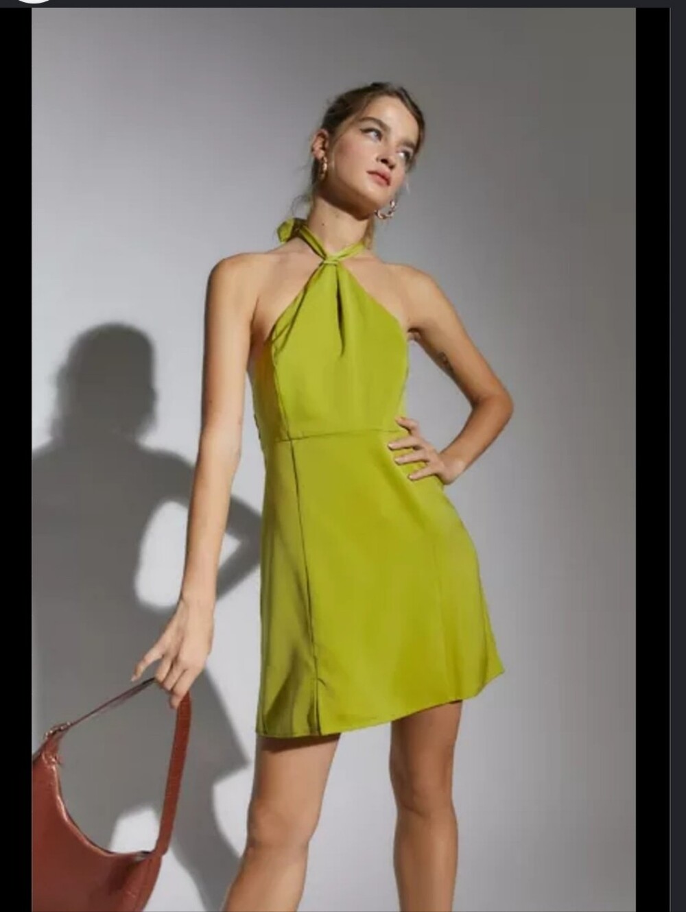 UO Jillian Satin Halter Mini Dress in Light Green